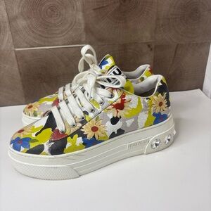 Miu Miu  Womens Crystal Floral Sneakers Multicolor Leather Size 37  Platform
